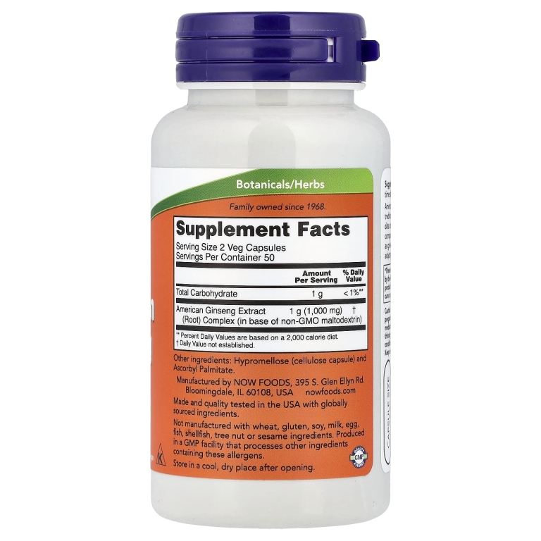 NOW Foods, Экстракт американского женьшеня, 100 растительных капсул (500 мг на капсулу)