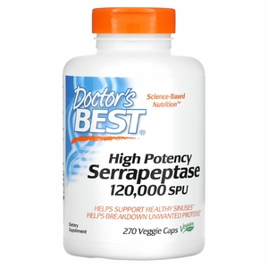 Doctor's Best, высокоэффективная серрапептаза, 120 000 SPU, 270 вегетарианских капсул