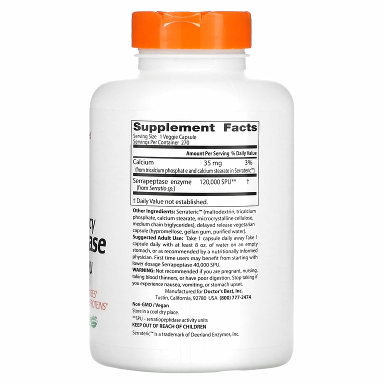 Doctor's Best, высокоэффективная серрапептаза, 120 000 SPU, 270 вегетарианских капсул