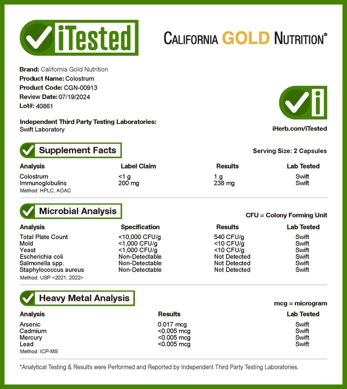 California Gold Nutrition, молозиво, 240 растительных капсул