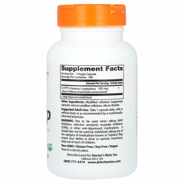 Doctor's Best, 5-гидрокситриптофан, 100 мг, 180 вегетарианских капсул