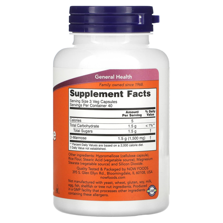 NOW Foods, D-манноза, 500 мг, 120 вегетарианских капсул