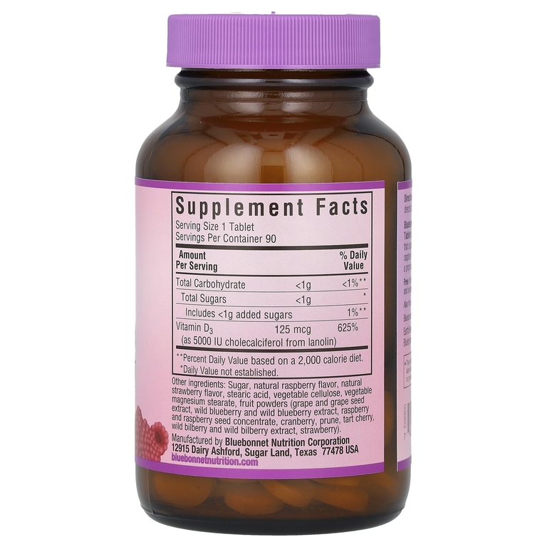 Bluebonnet Nutrition, витамин D3, малина, 5000 МЕ (125 мкг), 90 жевательных таблеток