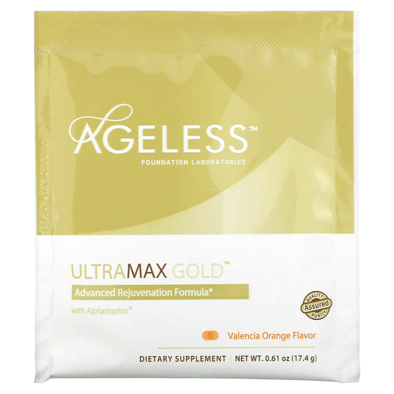 Ageless Foundation Laboratories, UltraMax Gold, улучшенная формула омоложения с альфатрофином, со вкусом валенсийского апельсина, 22 пакетика по 17,4 г каждый