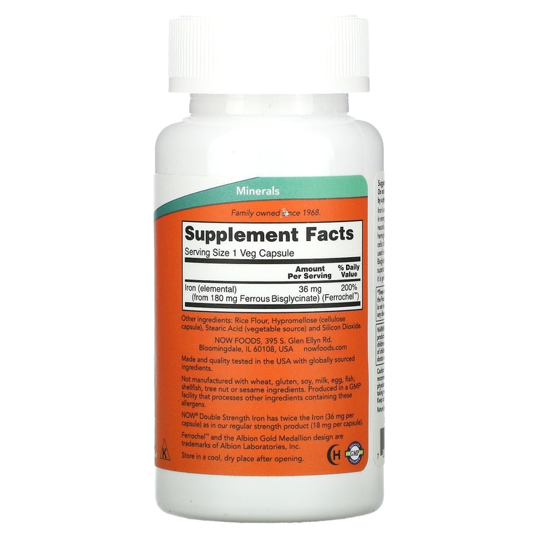 NOW Foods, железо, двойной концентрации, 36 мг, 90 вегетарианских капсул