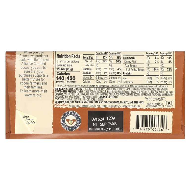 Chocolove, крендель без глютена, в молочном шоколаде, 33% какао, 83 г (2,9 унции)