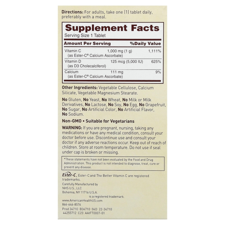 American Health, Ester-C® с витамином D3, 60 вегетарианских таблеток (Товар снят с продажи) 