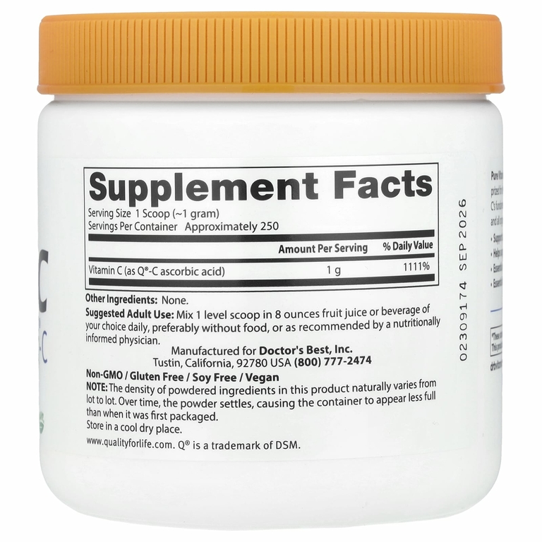Doctor's Best, Чистый порошок витамина C с контролем качества, 250 г (8,8 унции)