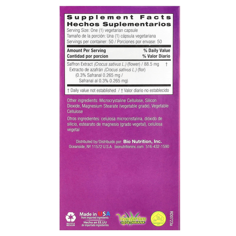 Bio Nutrition, экстракт шафрана, 50 вегетарианских капсул
