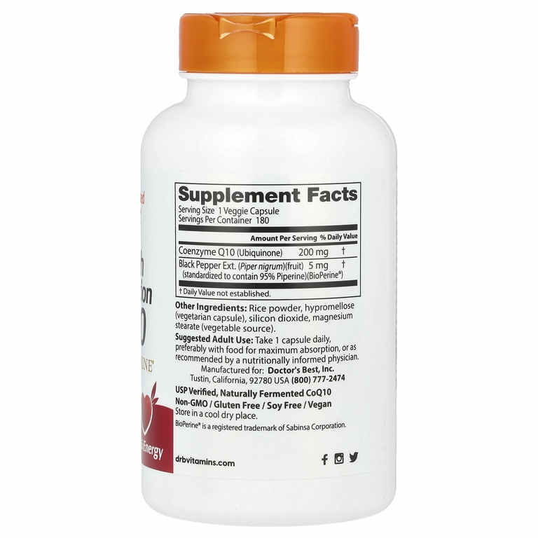 Doctor's Best, коэнзим Q10 с высокой степенью усвояемости, с BioPerine, 200 мг, 180 вегетарианских капсул