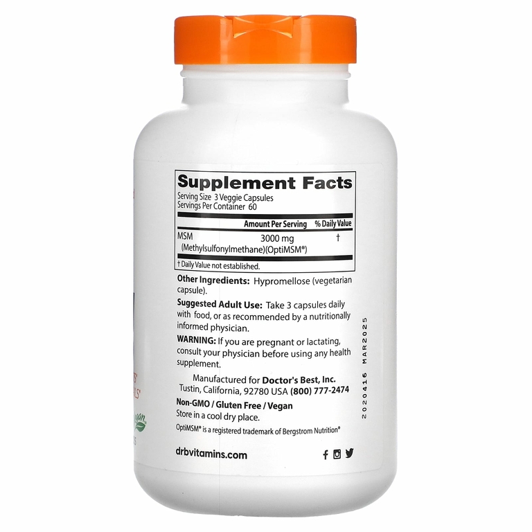 Doctor's Best, МСМ с OptiMSM, 1000 мг, 180 растительных капсул