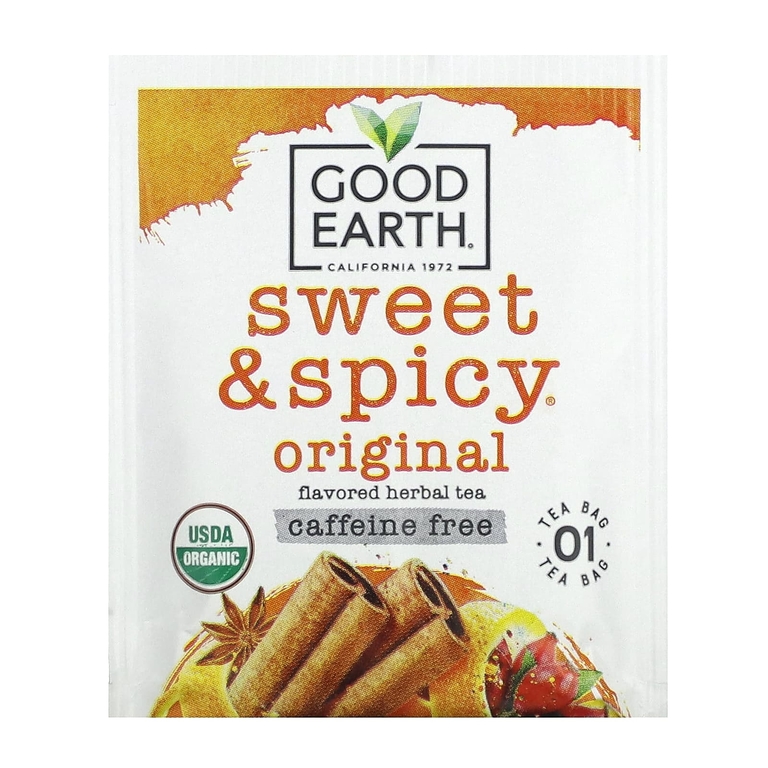 Good Earth Teas, органический ароматизированный травяной чай, сладкий и пряный, без кофеина, 18 чайных пакетиков, 36,9 г (1,3 унции)