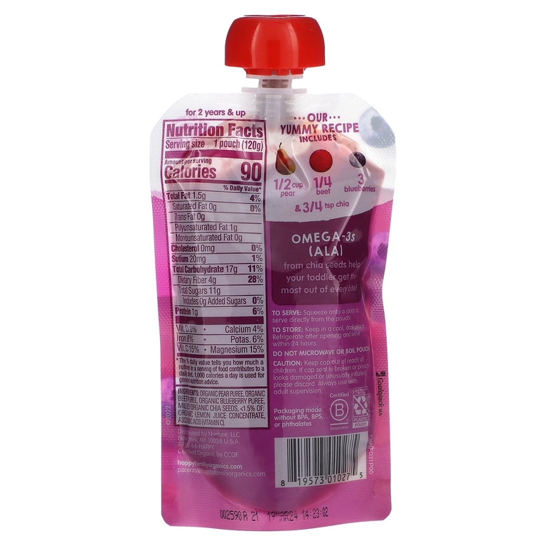 Happy Family Organics, Happytot, Superfoods, от 2 лет, органические груши, свекла, голубика и чиа, 120 г (4,22 унции) (Товар снят с продажи) 