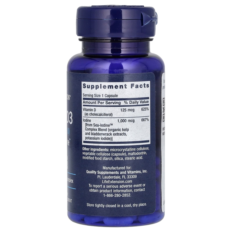 Life Extension, витамин D3 с Sea-Iodine, 125 мкг (5000 МЕ), 60 капсул