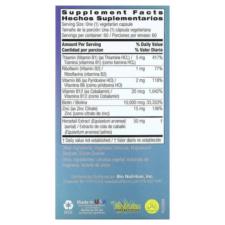 Bio Nutrition, Добавка для здоровья волос с биотином 10 000, 60 вегетарианских капсул