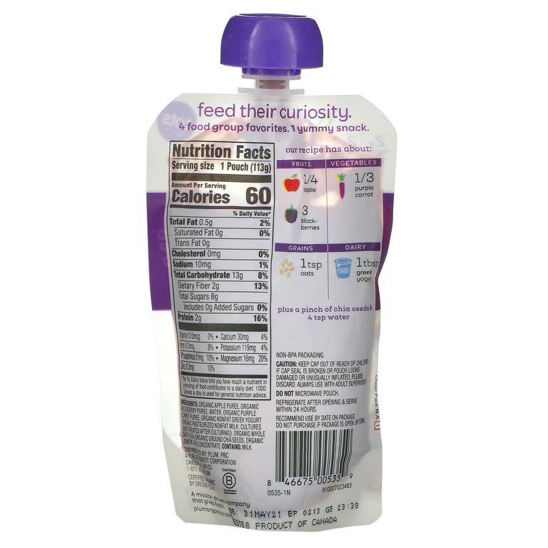 Plum Organics, Mighty 4,4 Food Group Blend, смесь для малышей, яблоко, ежевика, пурпурная морковь, греческий йогурт, овес, 113 г (4 унции)