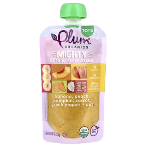 Plum Organics, Tots, Mighty 4, смесь 4 Food Group, банан, персик, тыква, морковь, греческий йогурт, овес, 113 г (4 унции)