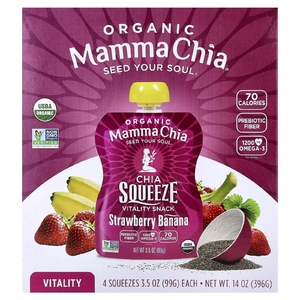 Mamma Chia, органические снеки с семенами чиа, перекус для бодрости, со вкусом клубники и банана, 4 пакетика по 99 г (3,5 унции)