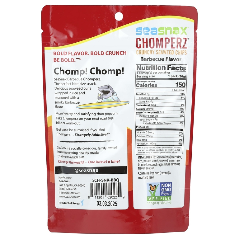 SeaSnax, Chomperz, хрустящие чипсы из морских водорослей, со вкусом барбекю, 1 унция (30 г)