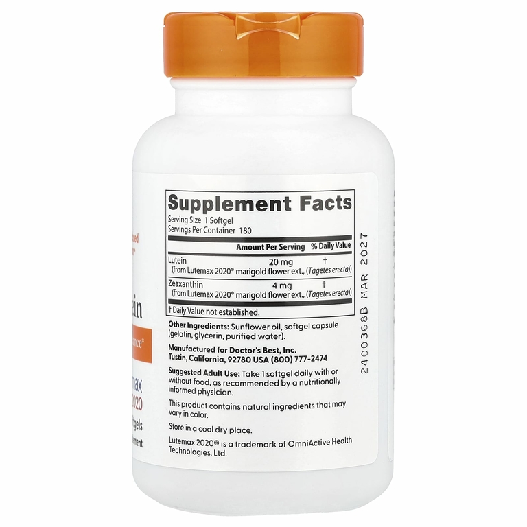 Doctor's Best, Lutemax 2020, лютеин, 20 мг, 180 капсул
