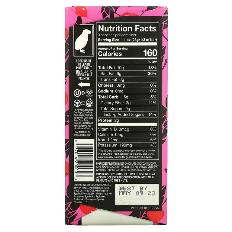 Endangered Species Chocolate, Яркая вишня + темный шоколад, 72% какао, 3 унции (85 г)