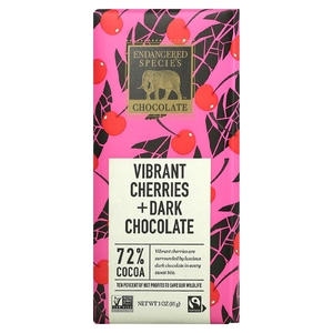 Endangered Species Chocolate, Яркая вишня + темный шоколад, 72% какао, 3 унции (85 г)