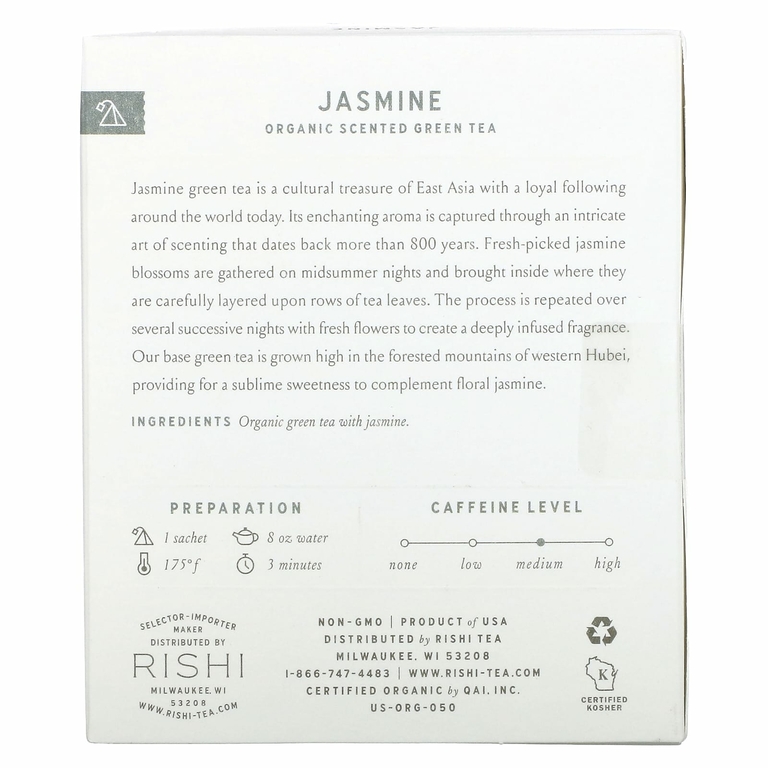 Rishi Tea, органический ароматизированный зеленый чай, жасмин, 15 пакетиков, 39 г (1,37 унции)