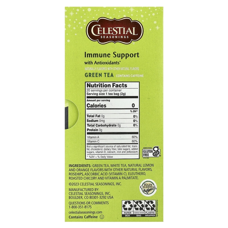 Celestial Seasonings, зеленый чай, поддержка иммунитета с антиоксидантами, 20 чайных пакетиков, 41 г (1,4 унции)
