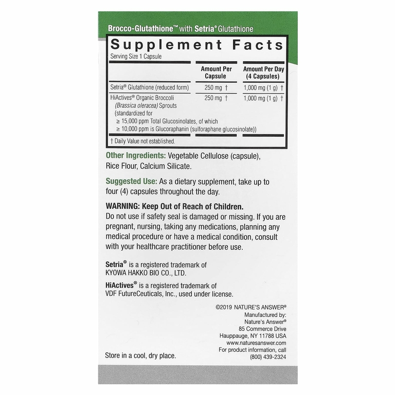 Nature's Answer, Brocco-Glutathione, средство с брокколи и глутатионом, 500 мг, 60 растительных капсул
