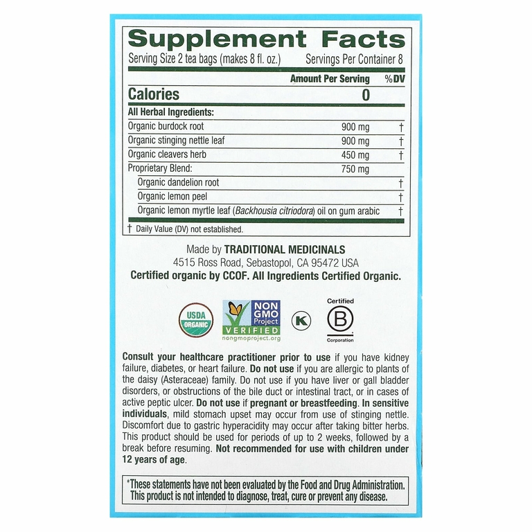 Traditional Medicinals, Organic EveryDay Detox, лимон, без кофеина, 16 чайных пакетиков в упаковке, 24 г (0,85 унции)