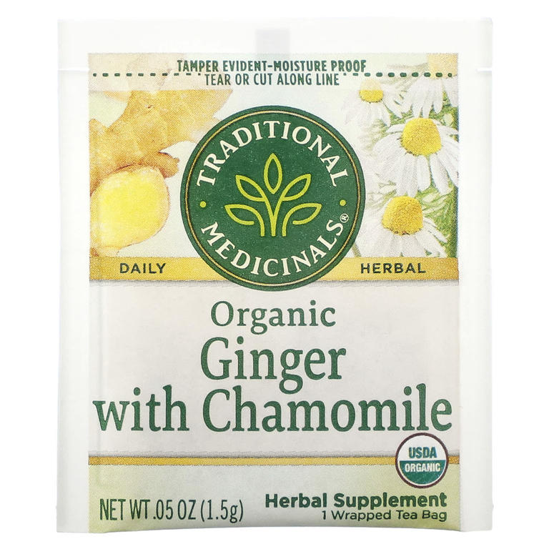 Traditional Medicinals, травяной чай, органический имбирь с ромашкой, без кофеина, 16 чайных пакетиков в упаковке, 24 г (0,85 унции)