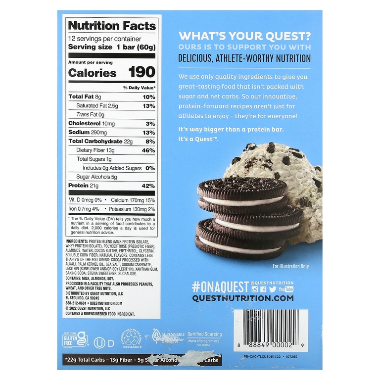 Quest Nutrition, протеиновый батончик, со вкусом печенья и сливок, 12 батончиков, 60 г (2,12 унции) каждый