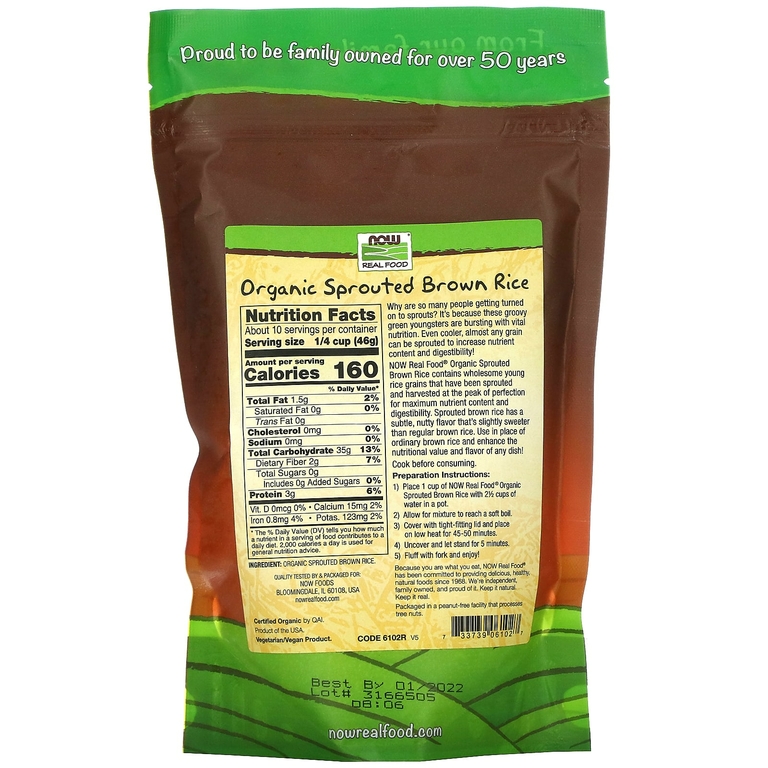 NOW Foods, Real Food, органический проросший бурый рис, необработанный, 454 г (16 унций)