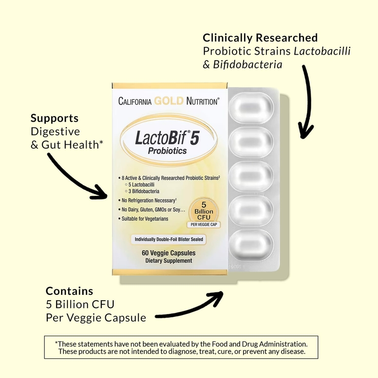 California Gold Nutrition, LactoBif 5, пробиотики, 5 млрд КОЕ, 60 вегетарианских капсул