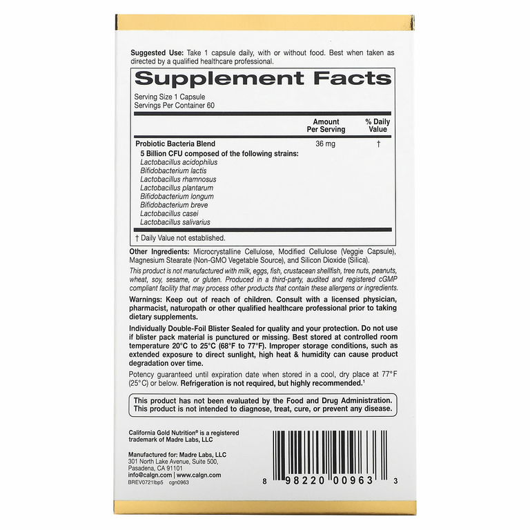 California Gold Nutrition, LactoBif 5, пробиотики, 5 млрд КОЕ, 60 вегетарианских капсул