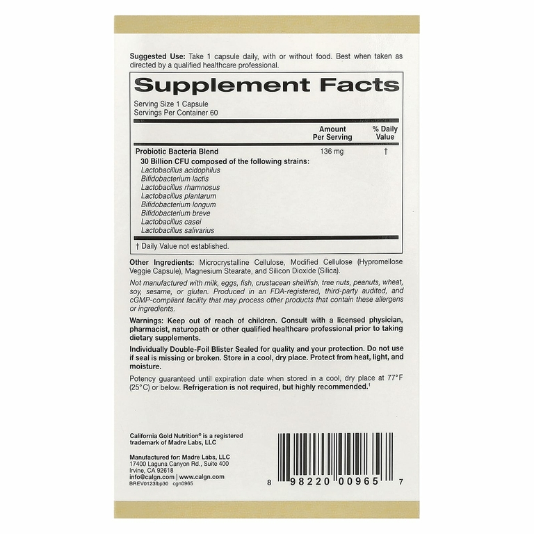 California Gold Nutrition, LactoBif 30, пробиотики, 30 млрд КОЕ, 60 растительных капсул