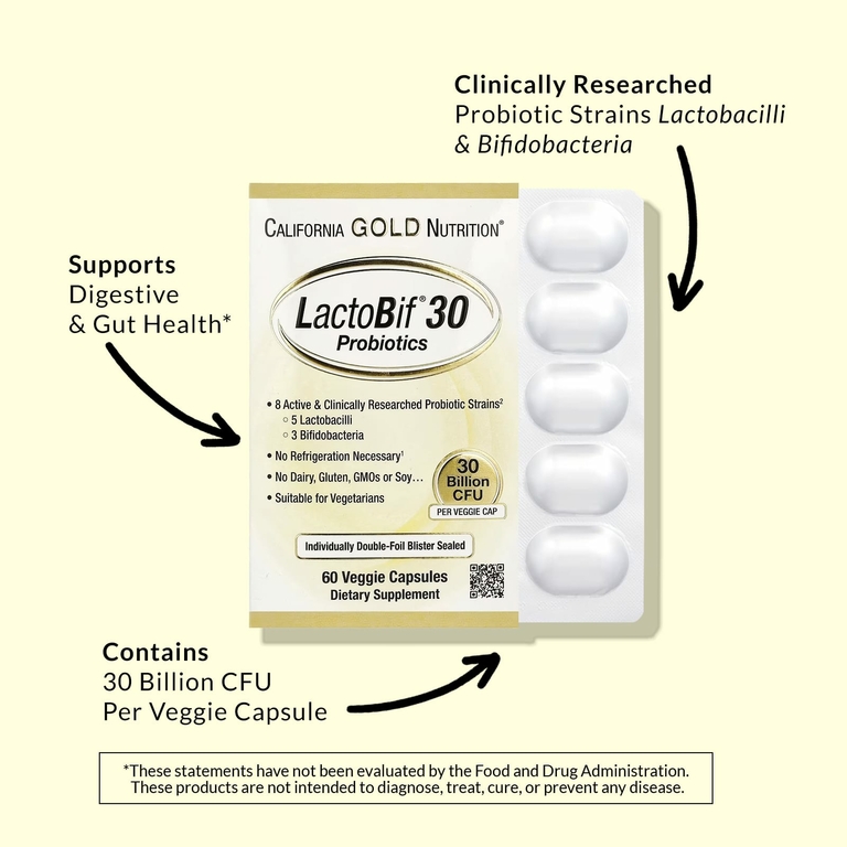 California Gold Nutrition, LactoBif 30, пробиотики, 30 млрд КОЕ, 60 растительных капсул