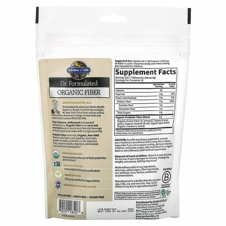 Garden of Life, Органическая клетчатка Dr. Formulated, без цвета, без вкуса, 192 г (6,8 унций)