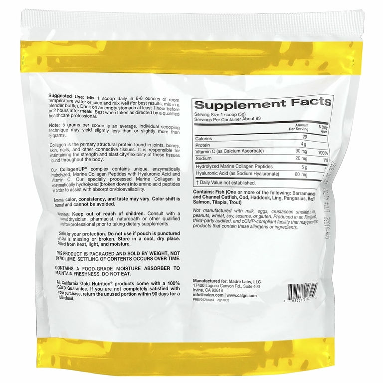 California Gold Nutrition, CollagenUP®, гидролизованные пептиды морского коллагена с гиалуроновой кислотой и витамином C, без ароматизаторов, 464 г (1,02 фунта)