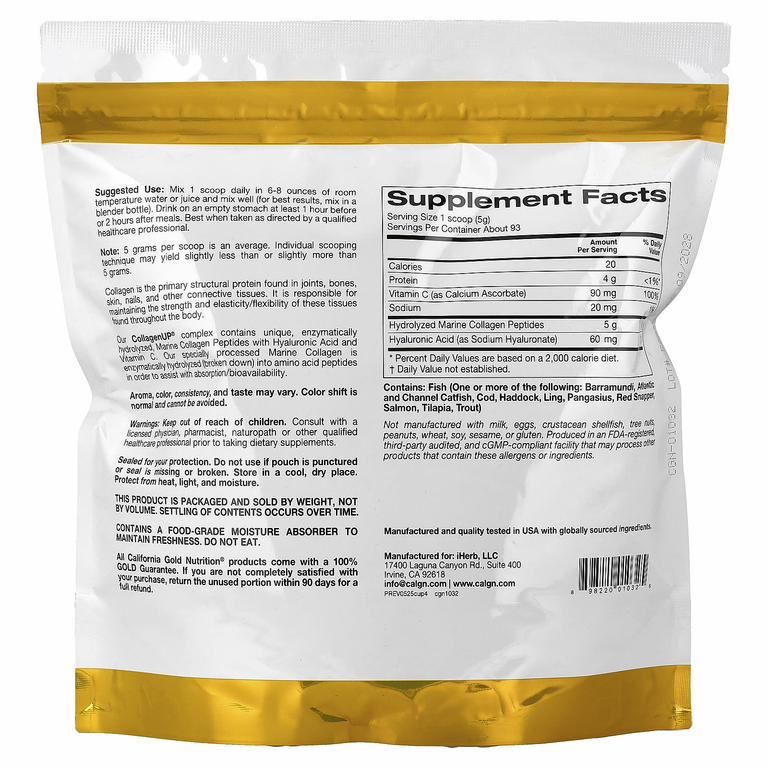 California Gold Nutrition, CollagenUP®, гидролизованные пептиды морского коллагена с гиалуроновой кислотой и витамином C, с нейтральным вкусом, 464 г (1,02 фунта)