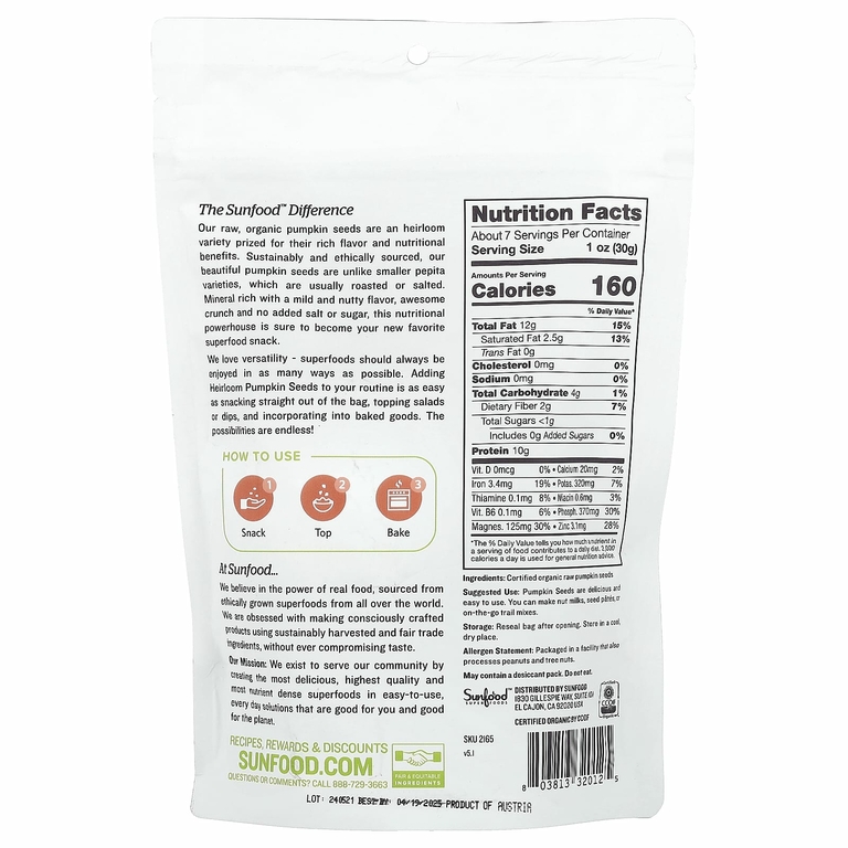 Sunfood, Superfoods, необработанные семена органической тыквы, 227 г (8 унций)