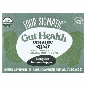 Four Sigmatic, органический эликсир для здоровья кишечника, с трутовиком разноцветным и грибом чага, без кофеина, 20 пакетиков по 3 г (0,1 унции)
