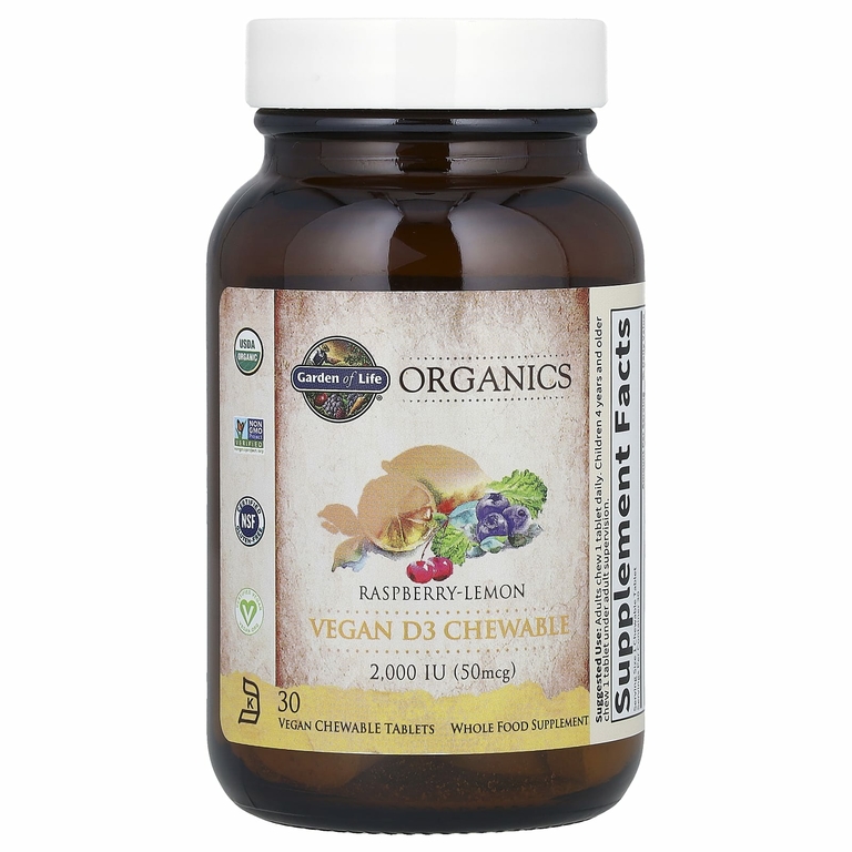 Garden of Life, Organics, веганский витамин D3, малина и лимон, 50 мкг (2000 МЕ), 30 веганских жевательных таблеток