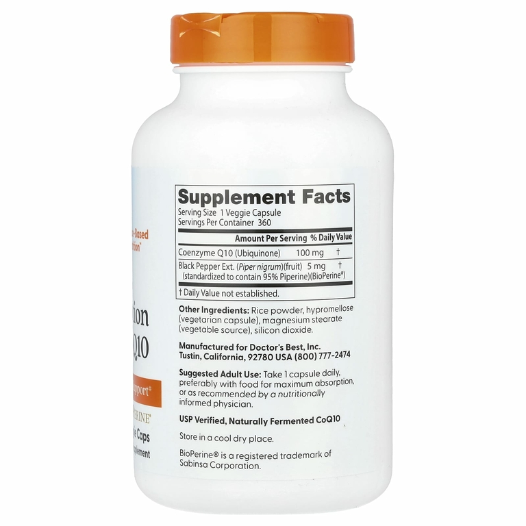 Doctor's Best, коэнзим Q10 с высокой степенью всасывания, с BioPerine, 100 мг, 360 вегетарианских капсул