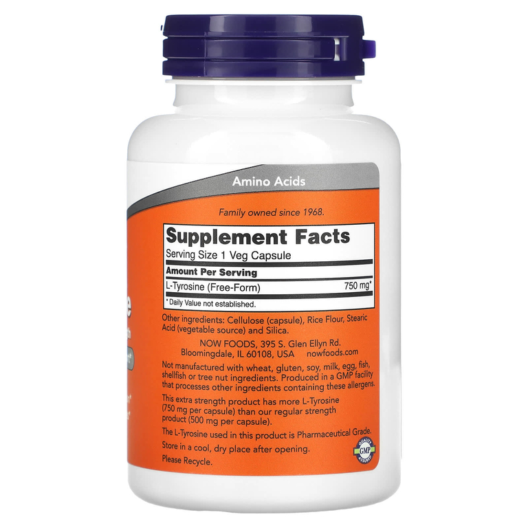 NOW Foods, L-тирозин, с повышенной силой действия, 750 мг, 90 растительных капсул