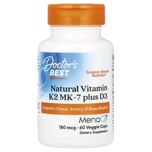 Doctor's Best, натуральный витамин K2 MK-7 с MenaQ7 и витамином D3, 180 мкг, 60 вегетарианских капсул