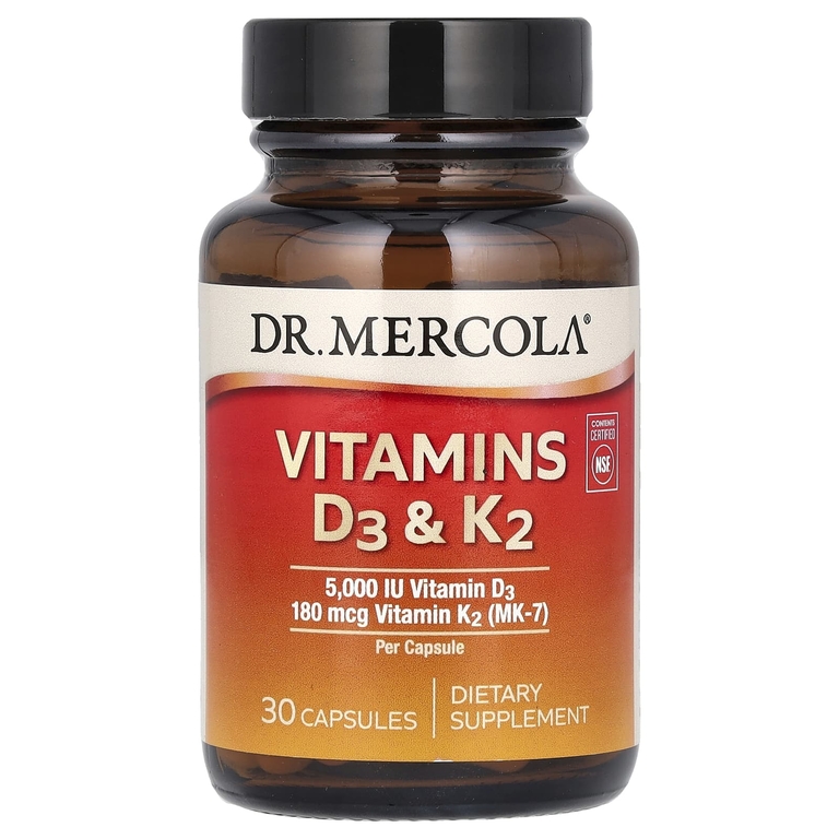 Dr. Mercola, витамины D3 и K2, 30 капсул