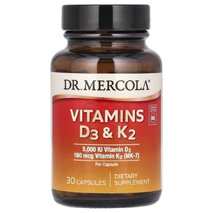 Dr. Mercola, витамины D3 и K2, 30 капсул