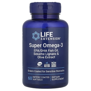 Life Extension, Super Omega-3, рыбий жир с ЭПК и ДГК, лигнанами кунжута и экстрактом оливы, 60 капсул, покрытых кишечнорастворимой оболочкой