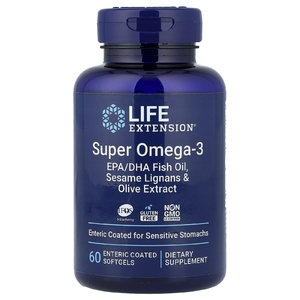 Life Extension, омега-3, рыбий жир с ЭПК и ДГК, лигнанами кунжута и экстрактом оливы, 60 капсул, покрытых кишечнорастворимой оболочкой